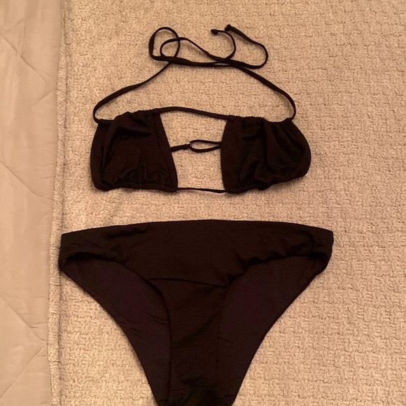 Brand new WEWOREWHAT black ruched bandeau top & low rise bottom size L - Picture 1 of 6